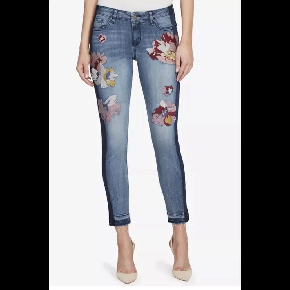 William Rast Two-Tone Blue Denim Floral Embroidered Ankle Skinny Jeans 25